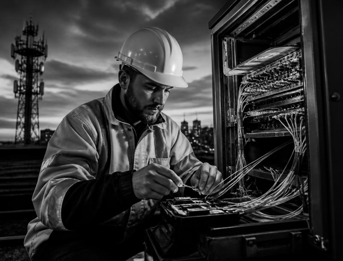 DGen Connects technician splicing fibre at a network cabinet